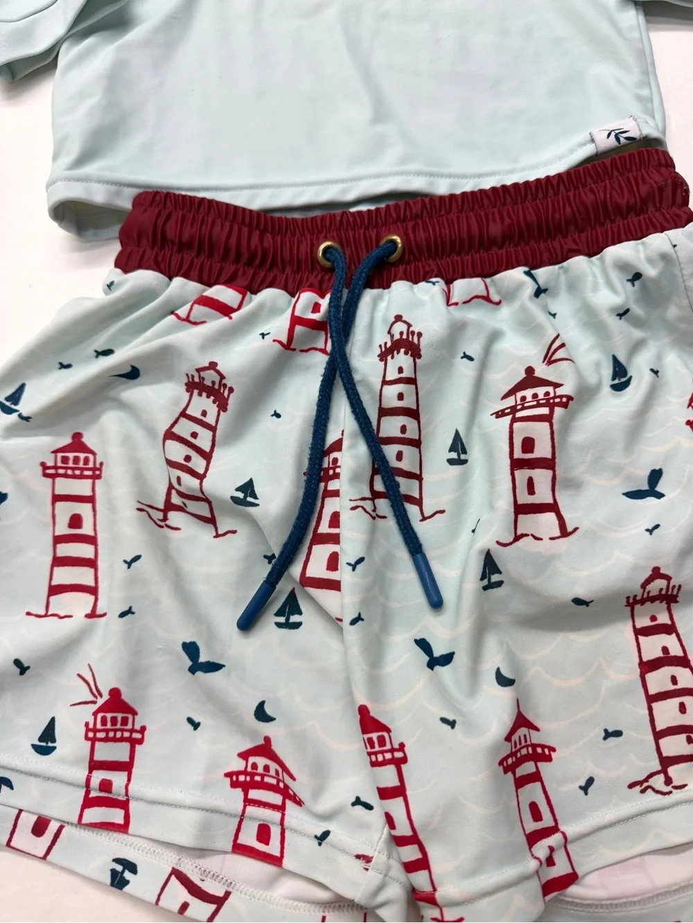 SweetHoney Boys Blue Rash Guard Set Lighthouse Print Shorts Trunks Swimsuit